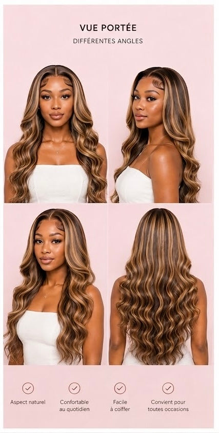 Perruque Brune Mèches Blondes Ondulée