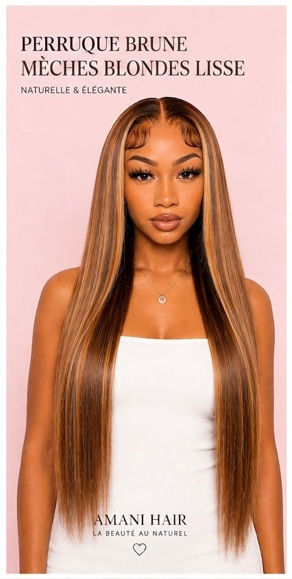Perruque Brune Mèches Blondes Lisse