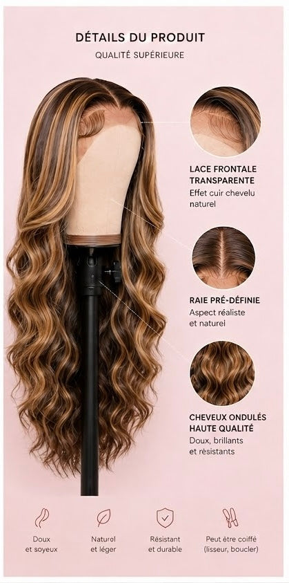 Perruque Brune Mèches Blondes Ondulée