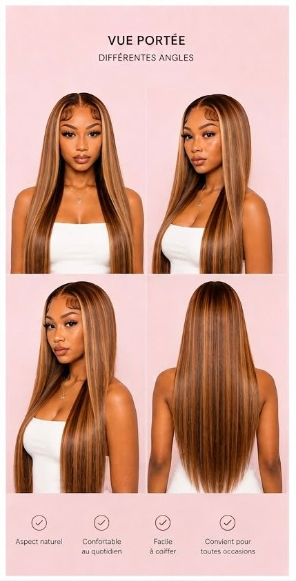 Perruque Brune Mèches Blondes Lisse