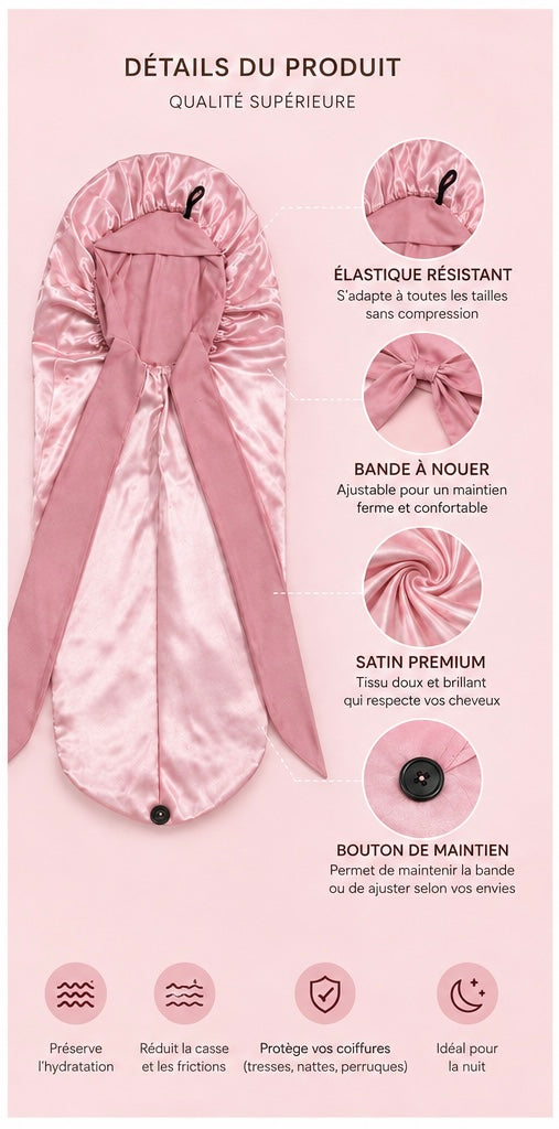 Bonnet en Satin Long avec Bande – Rose
