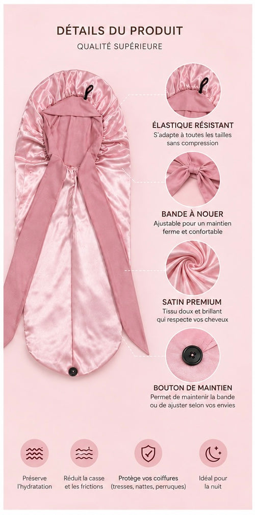 Bonnet en Satin Long avec Bande – Rose