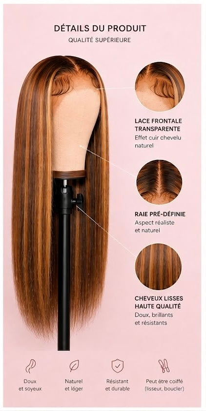 Perruque Brune Mèches Blondes Lisse
