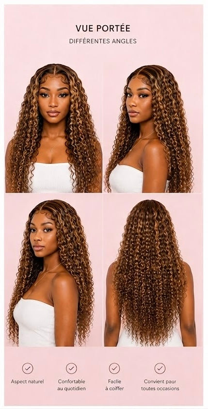 Perruque Brune Mèches Blondes Bouclée